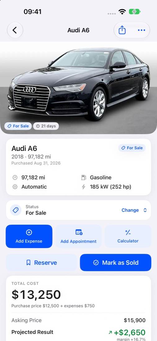 Vehicle screen showing total cost, asking price and projected result