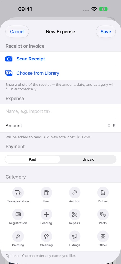 New expense screen with receipt scanning and automatic categories